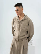 Gray Khaki Corduroy Embroidered Striped Zip-Hoodie