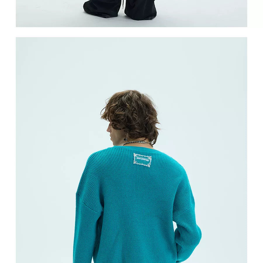 V-Neck Three-Color Waffle Lace Knit Sweater