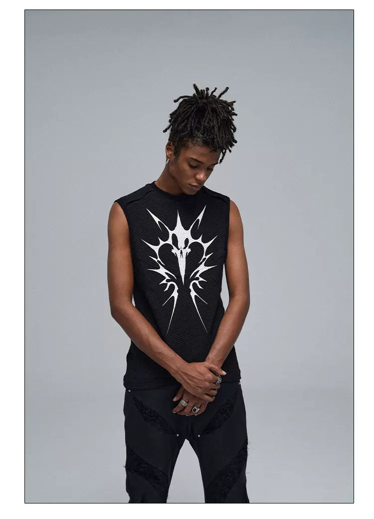 Stretchy Black Printed Ribbed Tank Top