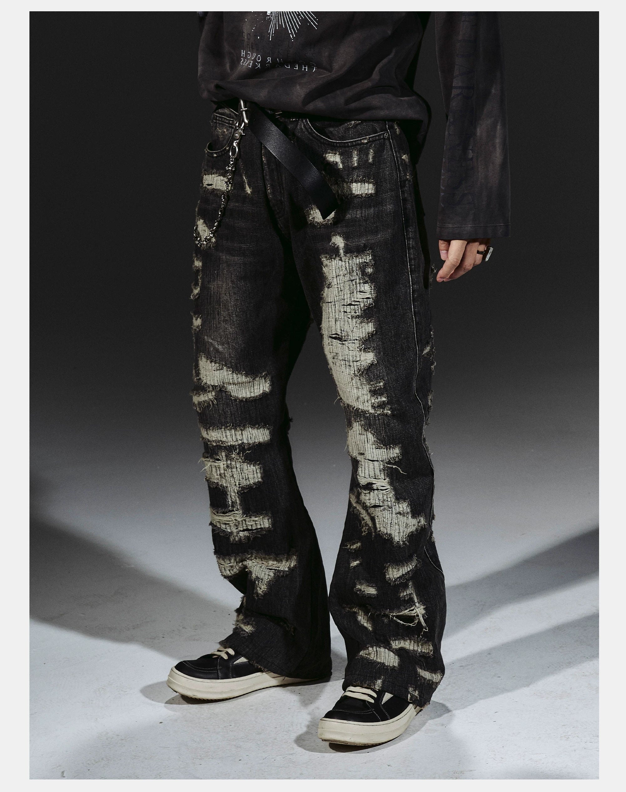 Heavyweight Distressed Embroidered Patchwork Flared Jeans