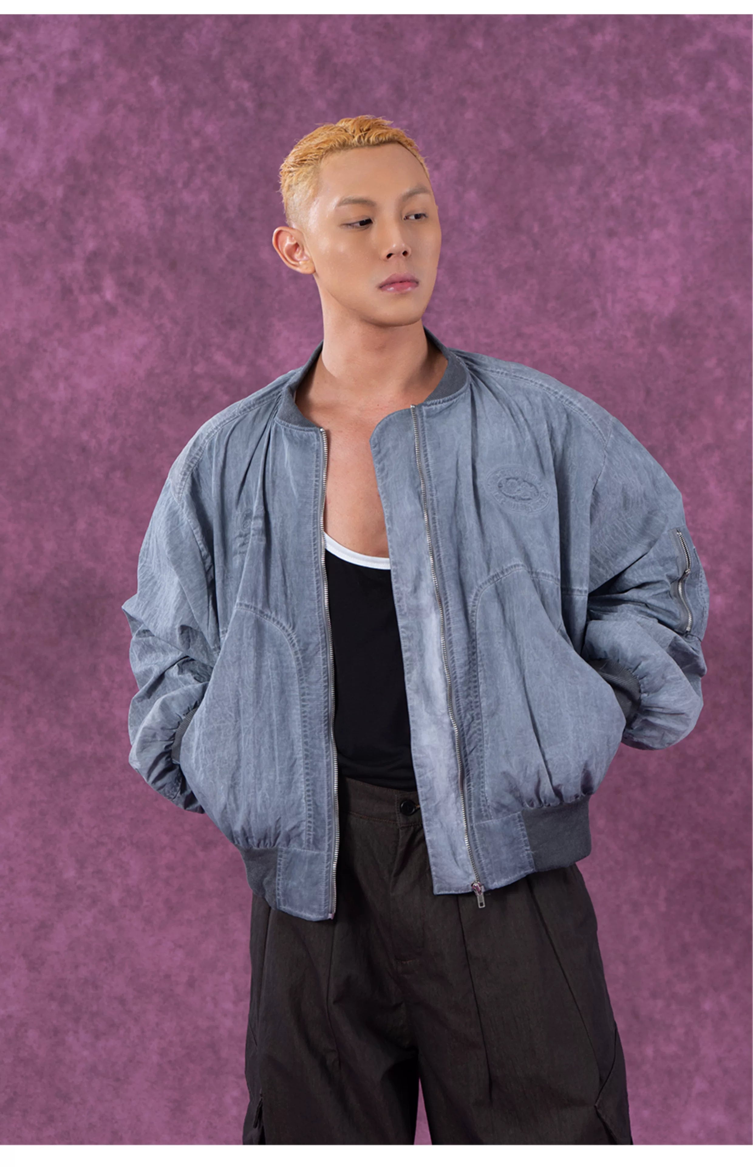 Men's Textured Gray Blue Bomber Jacket