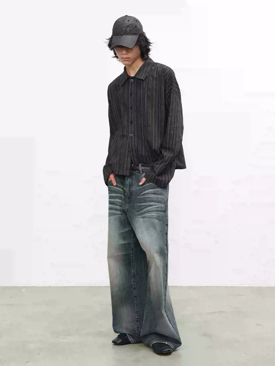 Blue Gray Washed Straight Loose Jeans
