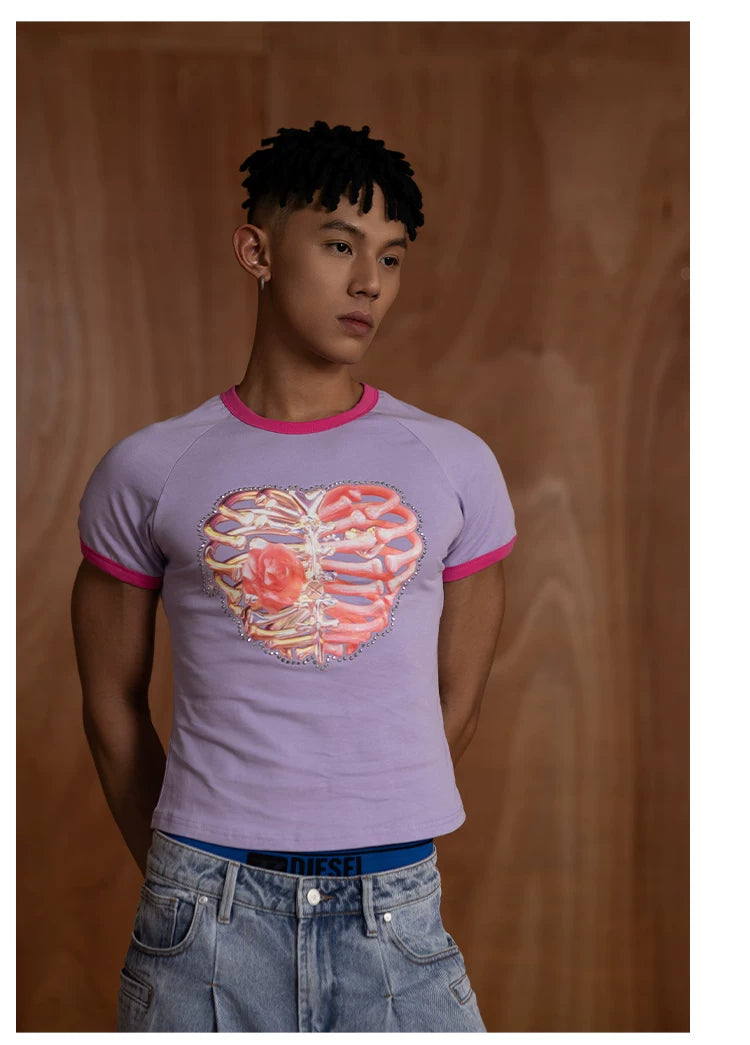 Slim Purple Heart Skeleton Rhinestone Tee