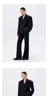 Black Waist-cinched Wide-shoulder Herringbone Blazer