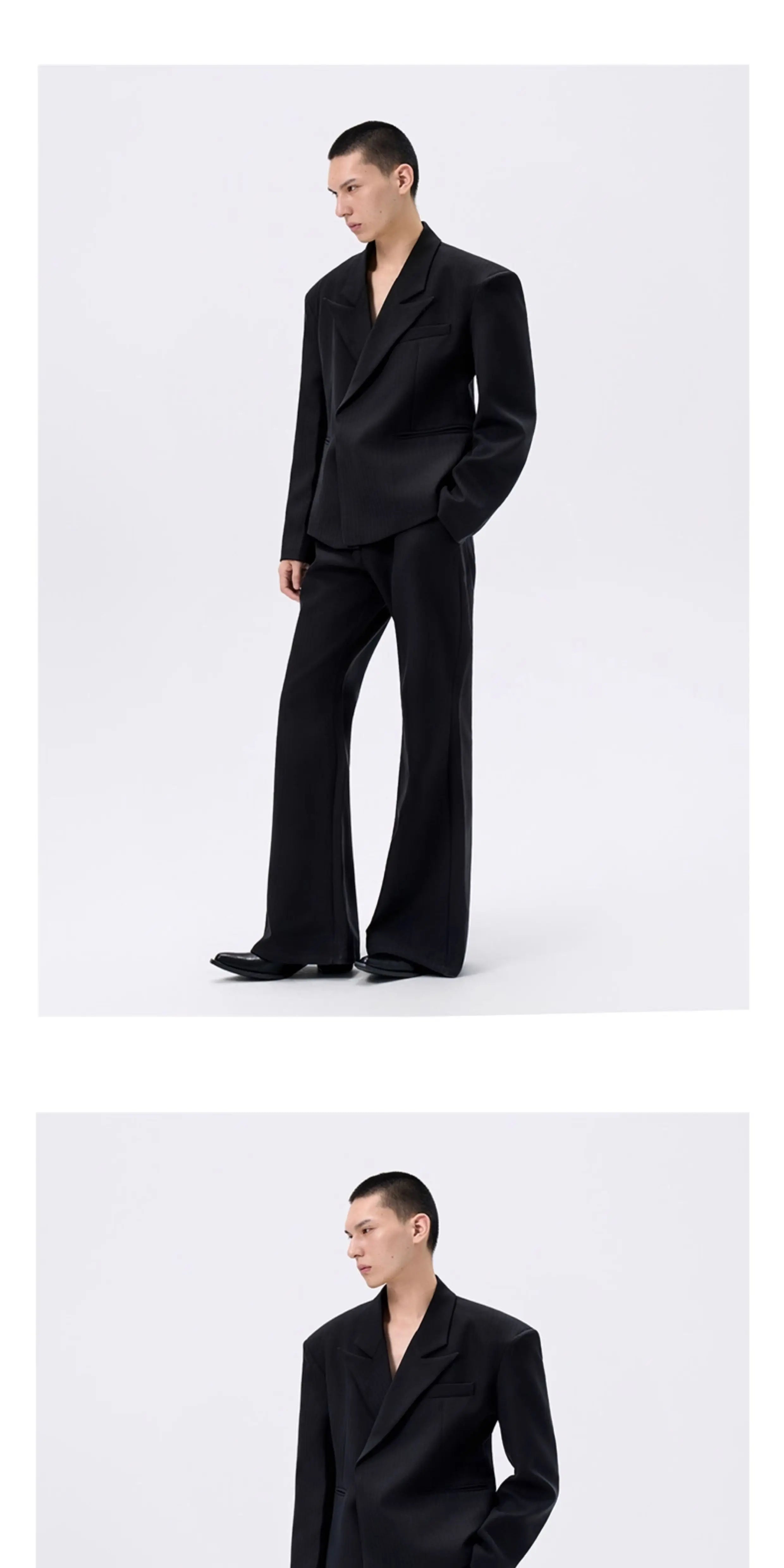 Black Waist-cinched Wide-shoulder Herringbone Blazer