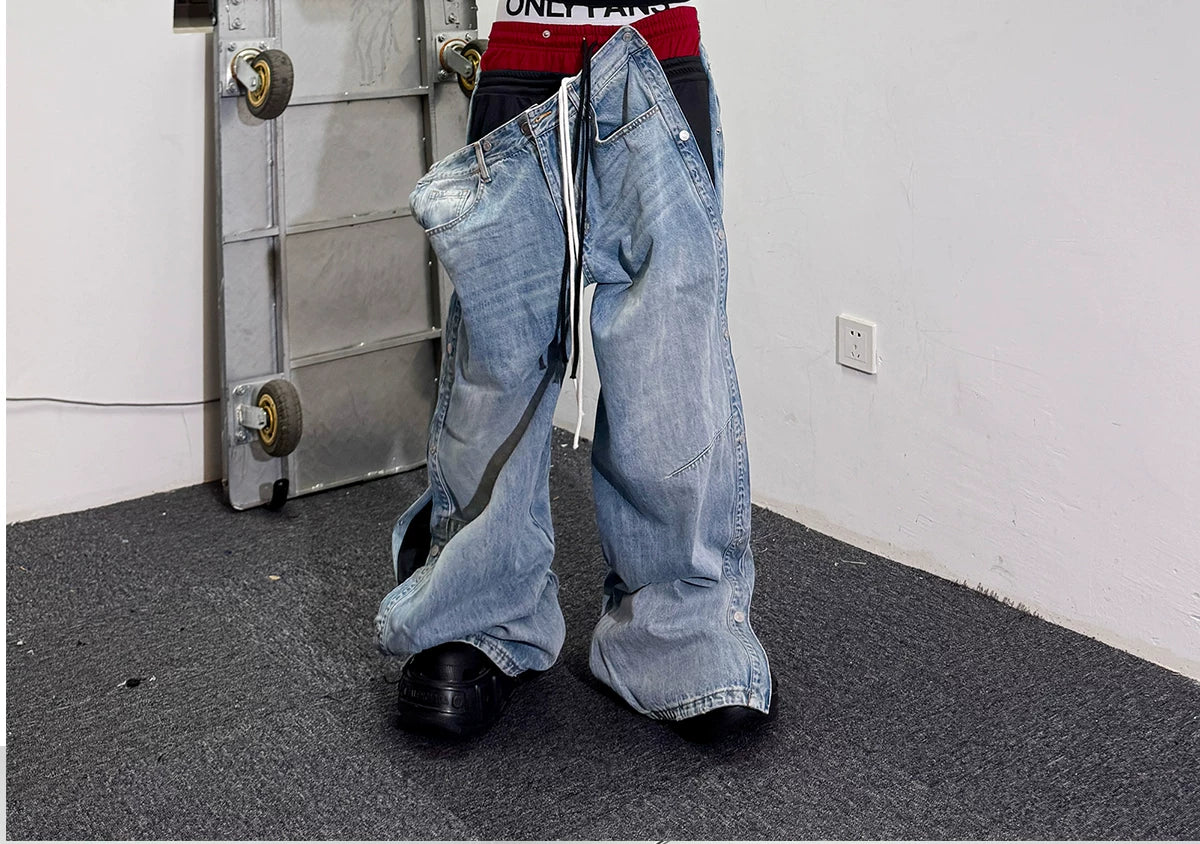 Double Waistband Drawstring Washed Blue Jeans