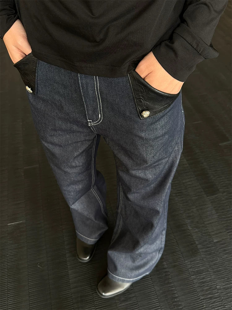 Navy Embossed PU Patchwork Flared Jeans