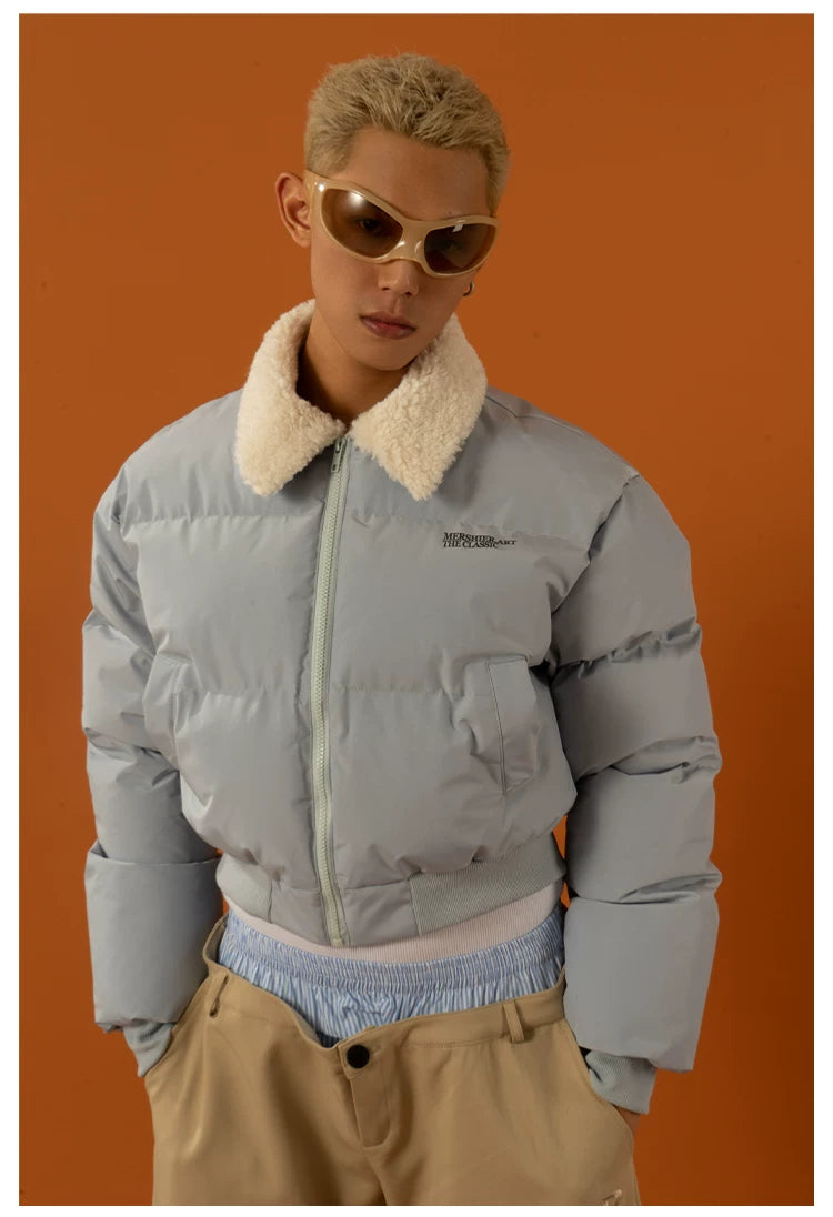Cropped Collared Faux Shearling Puffer Coat