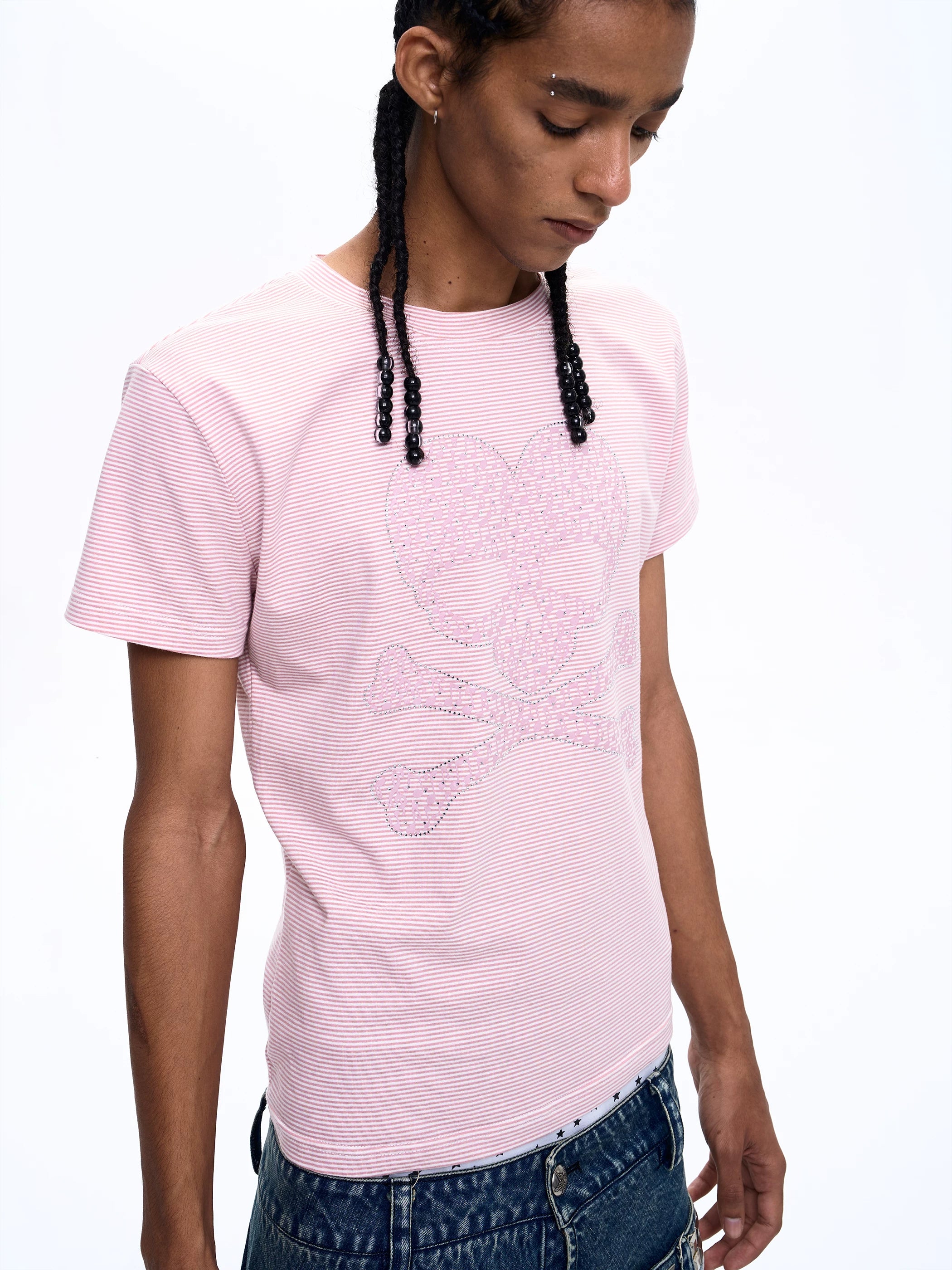 Men's Pink Striped Skull Print Tee