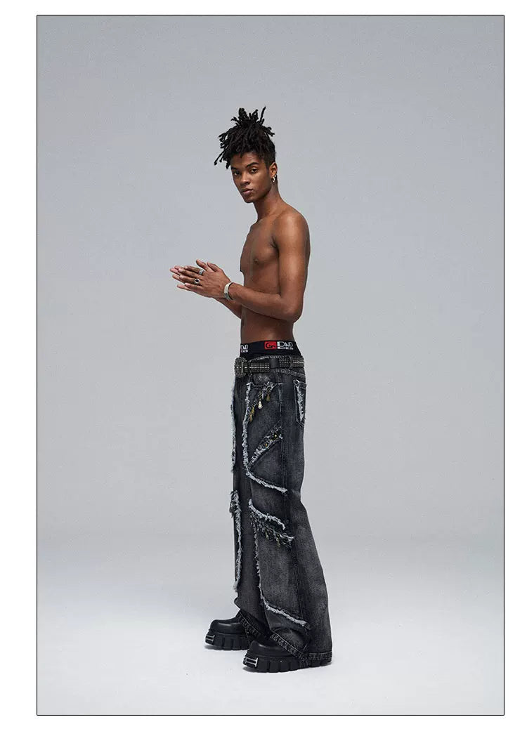 Fringed Ripped Washed Straight Jeans