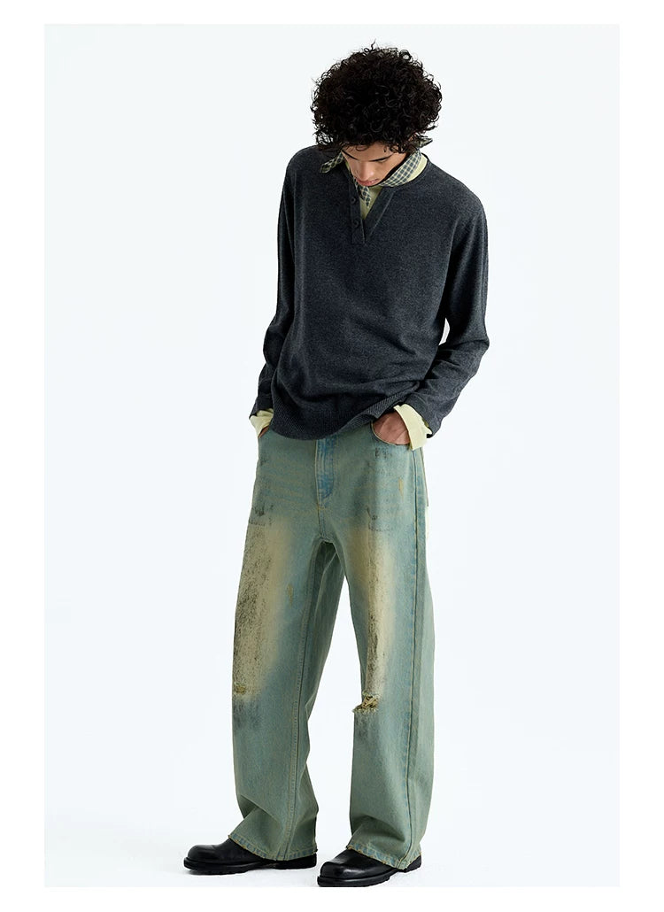 Wool Blend Layered Contrast Knit Sweater