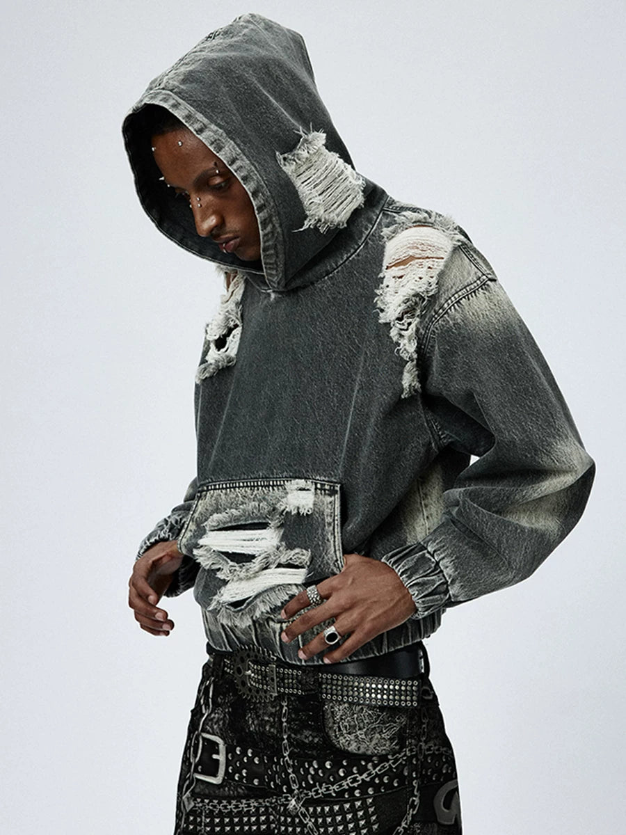 Washed Distressed Drop Shoulder Cropped Hoodie