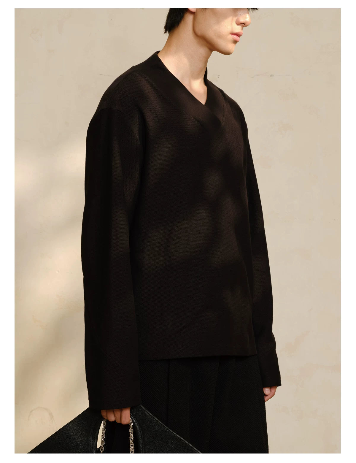 Textured Cropped Structured Cross-Collar Long-Sleeve Tops