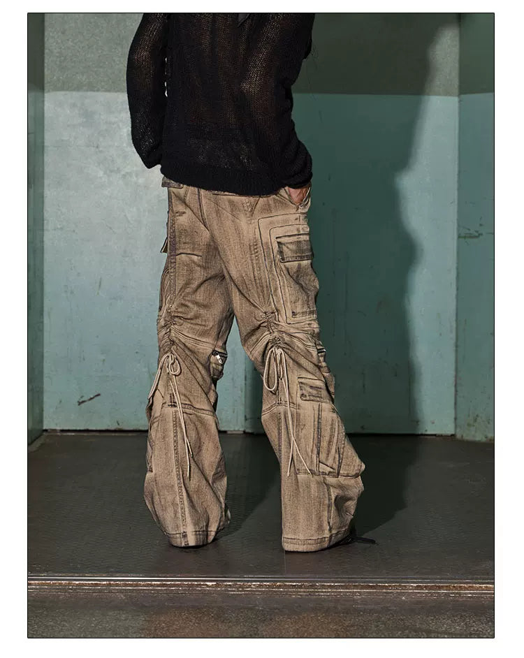 Distressed Drawstring Flare Cargo Pants