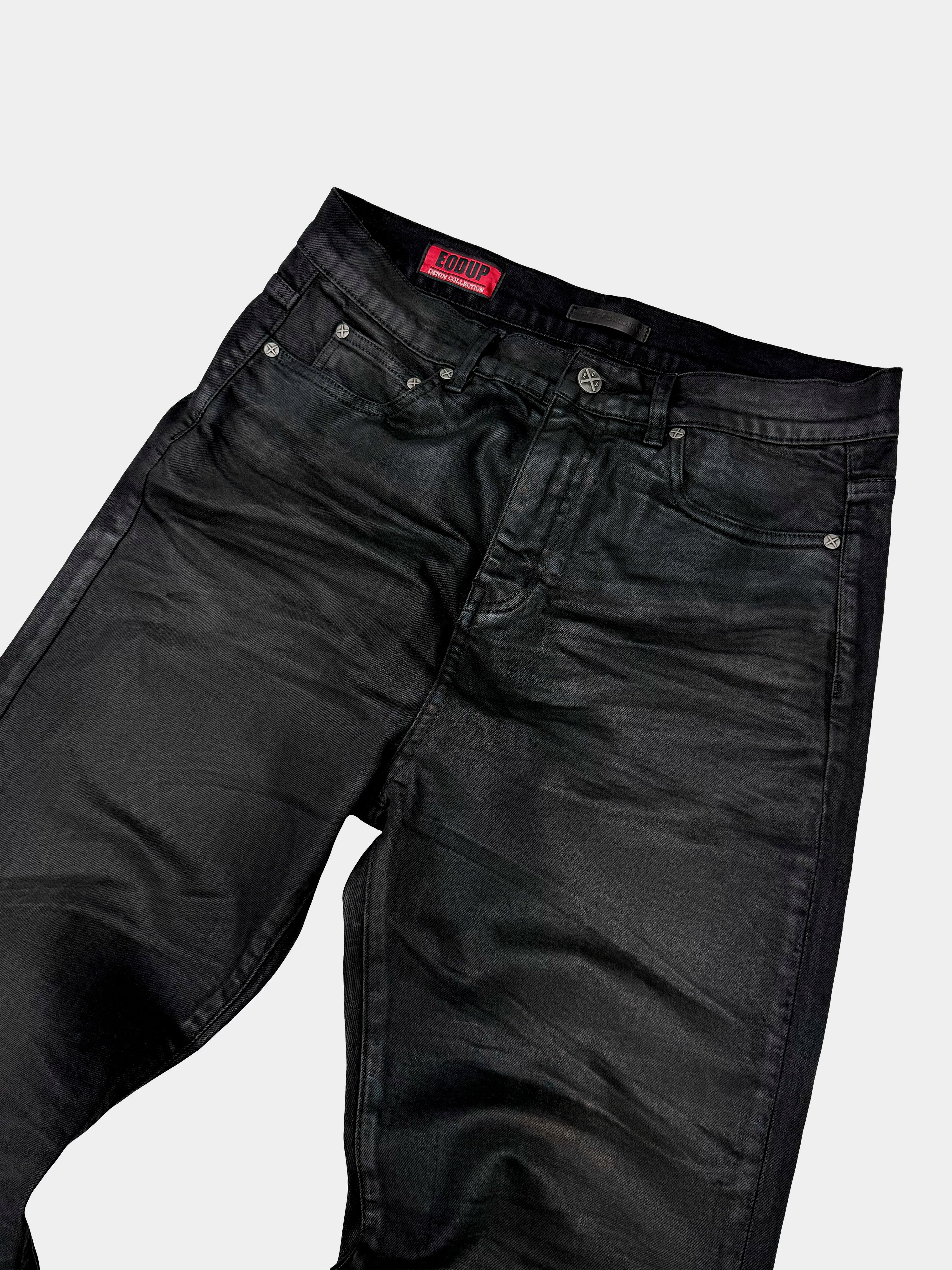 Washed Waxed Snakeskin Flared Jeans
