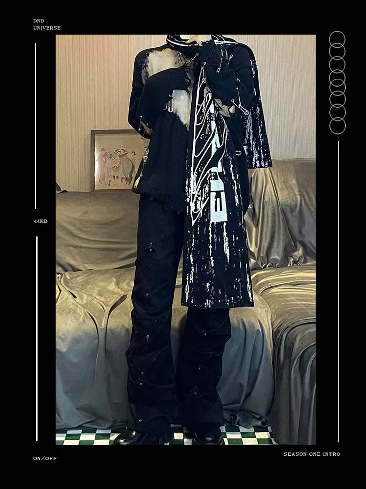 Unisex Deconstructed Black Patchwork Straight Jeans