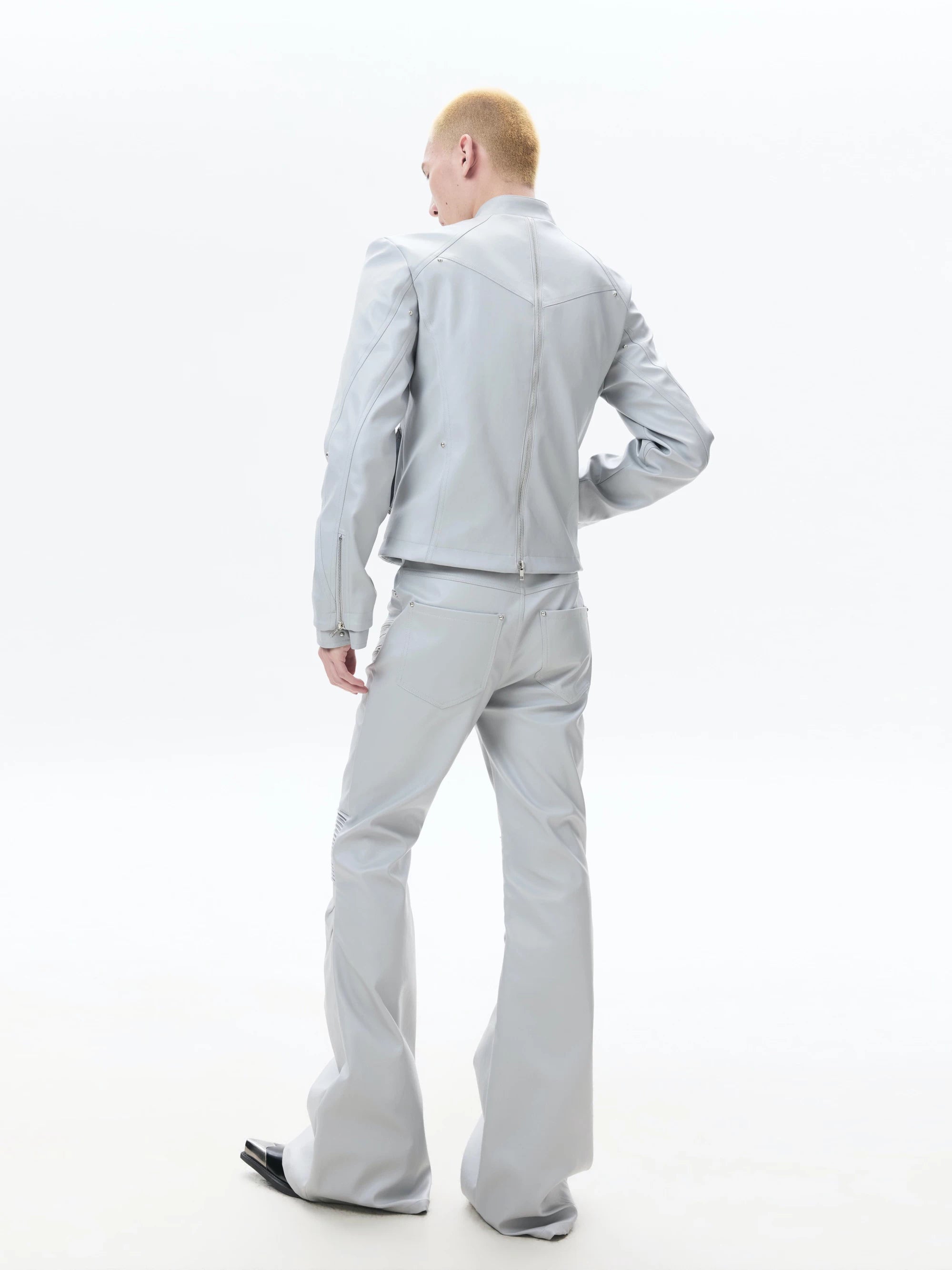 Multi-Zip Coated Moto Leather Flare Pants
