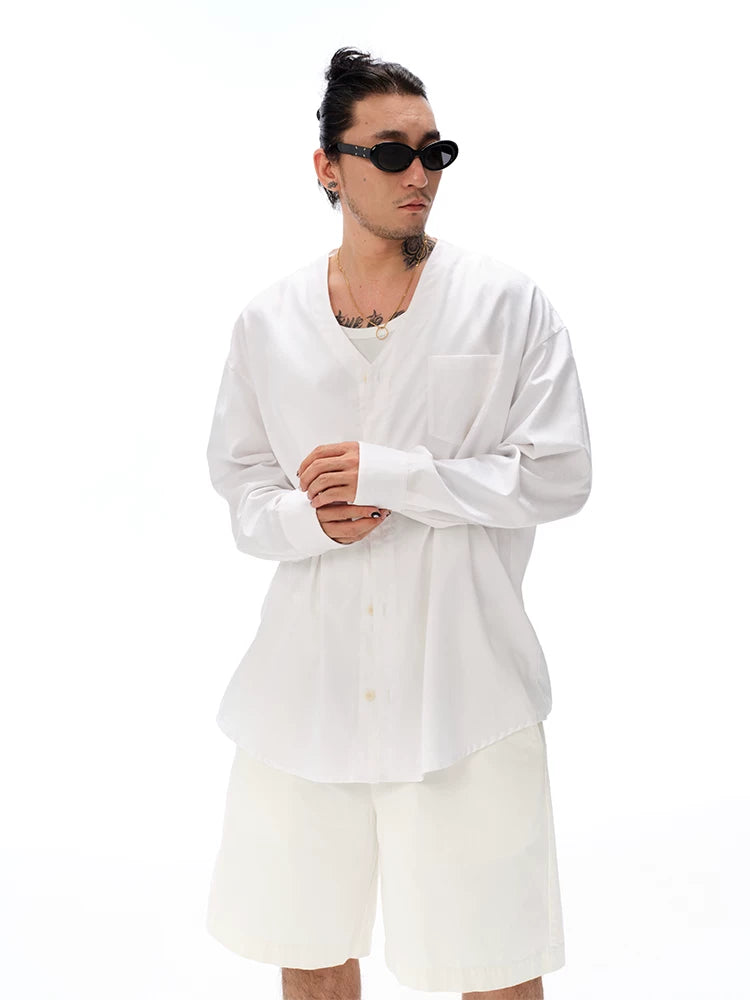 Embossed Vintage V-Neck Oversized Shirt
