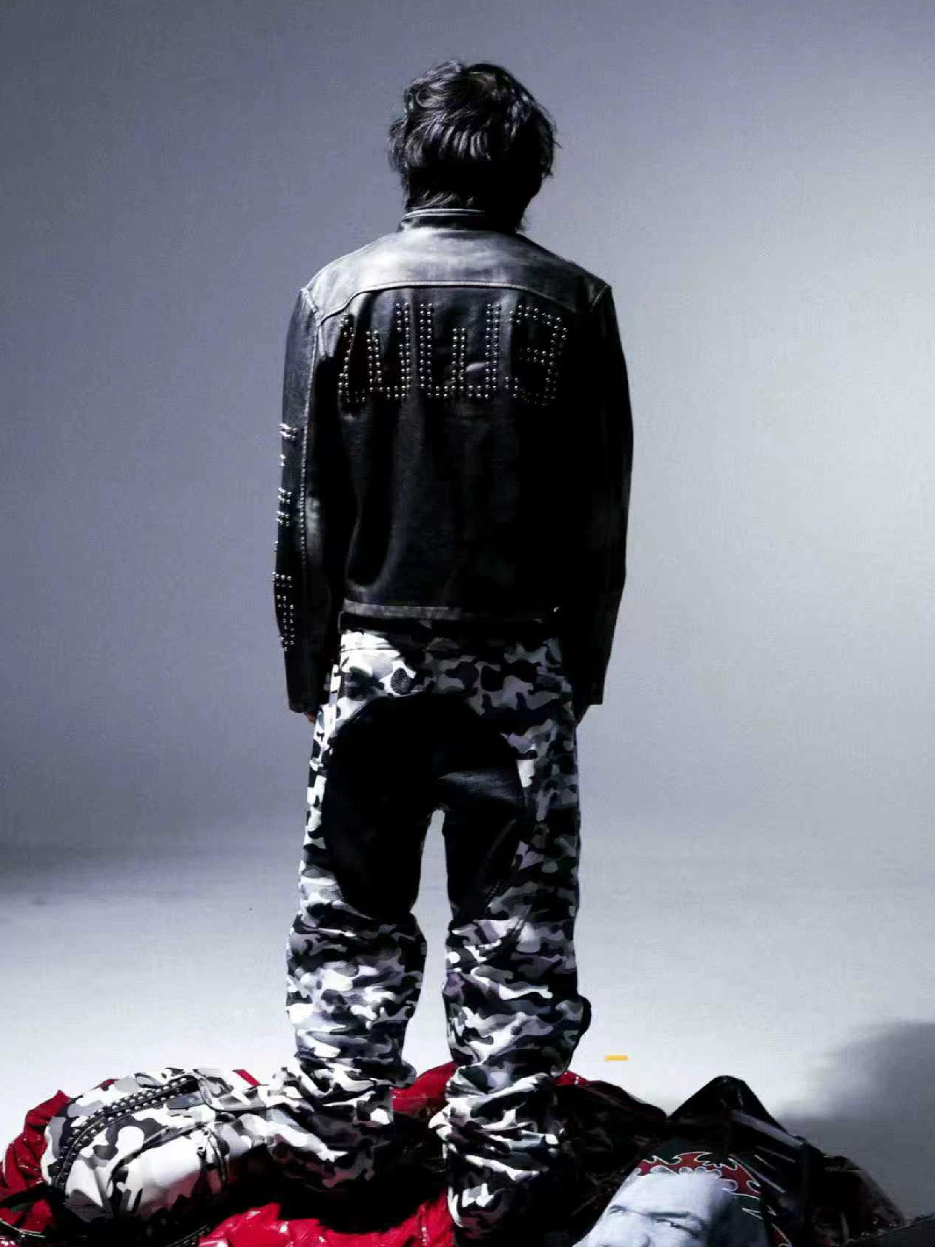Black Distressed Riveted Fleece Shearling Jacket