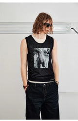 Men's Sleeveless Printed Linen-like Zip Vest