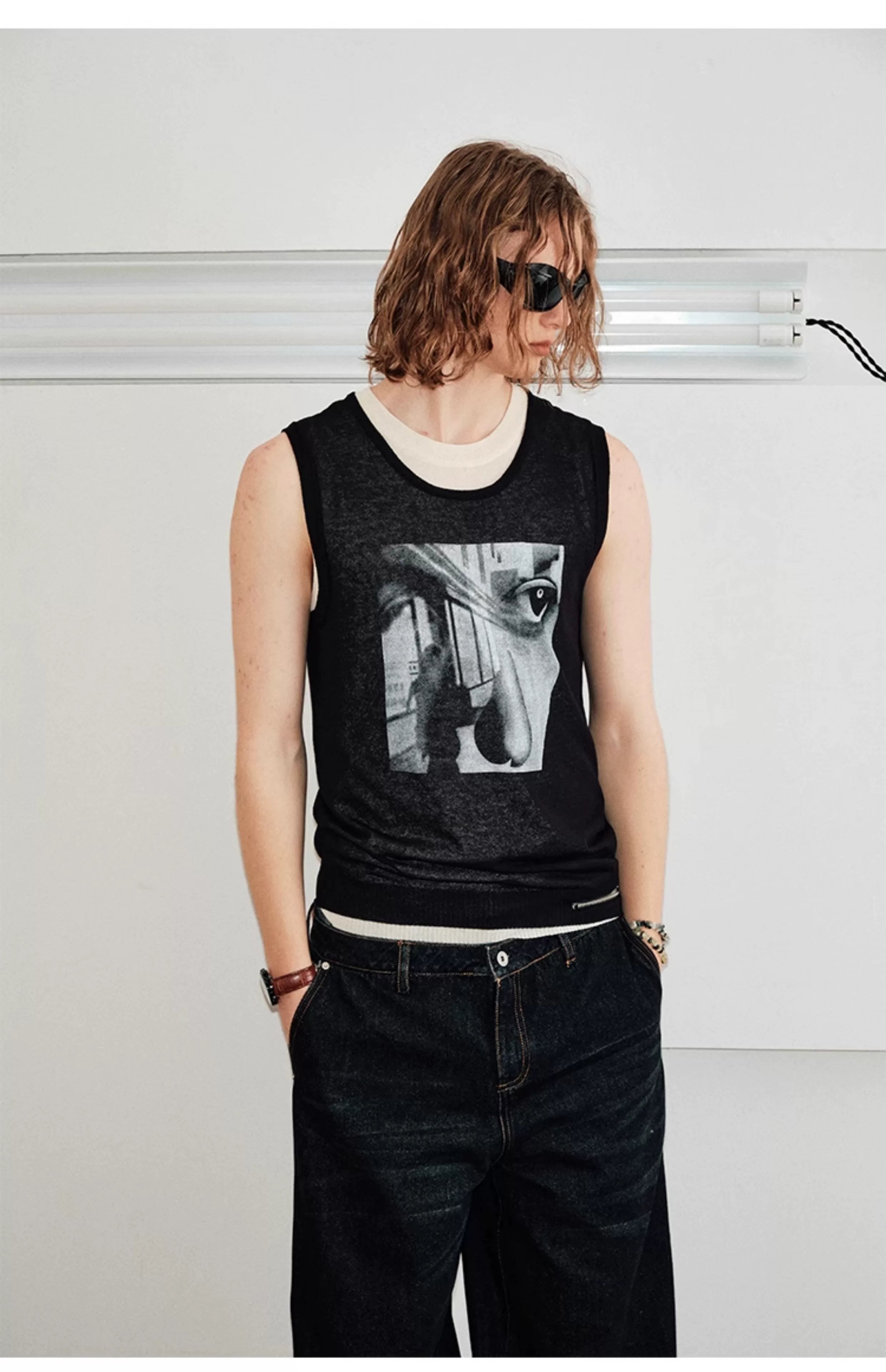 Men's Sleeveless Printed Linen-like Zip Vest
