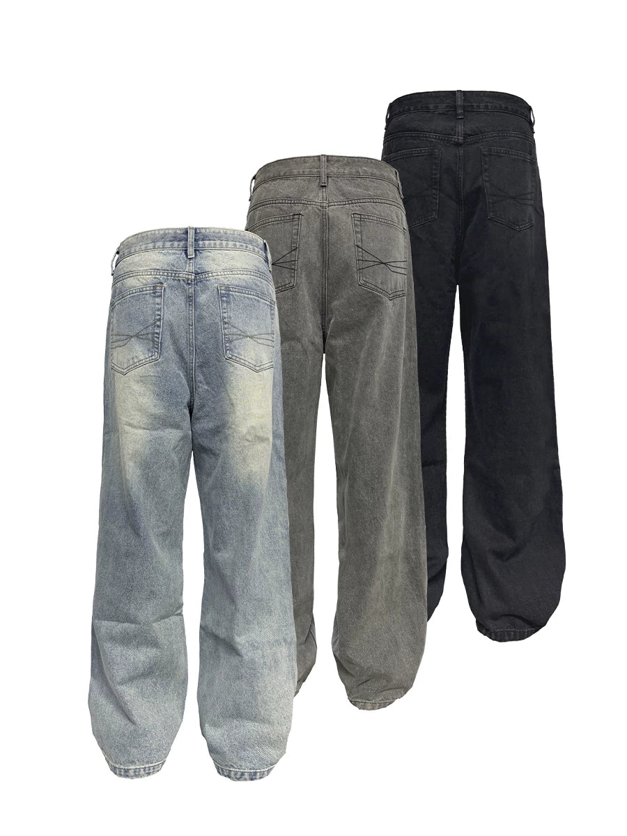 Tri-color Washed Straight Loose Jeans