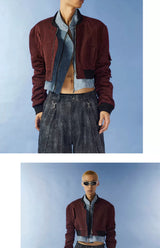 Cropped Two-Piece Maroon Denim Bomber Jacket