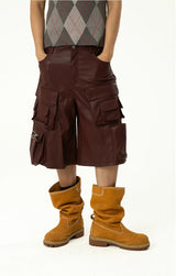 Men's Black Red PU Cargo Shorts