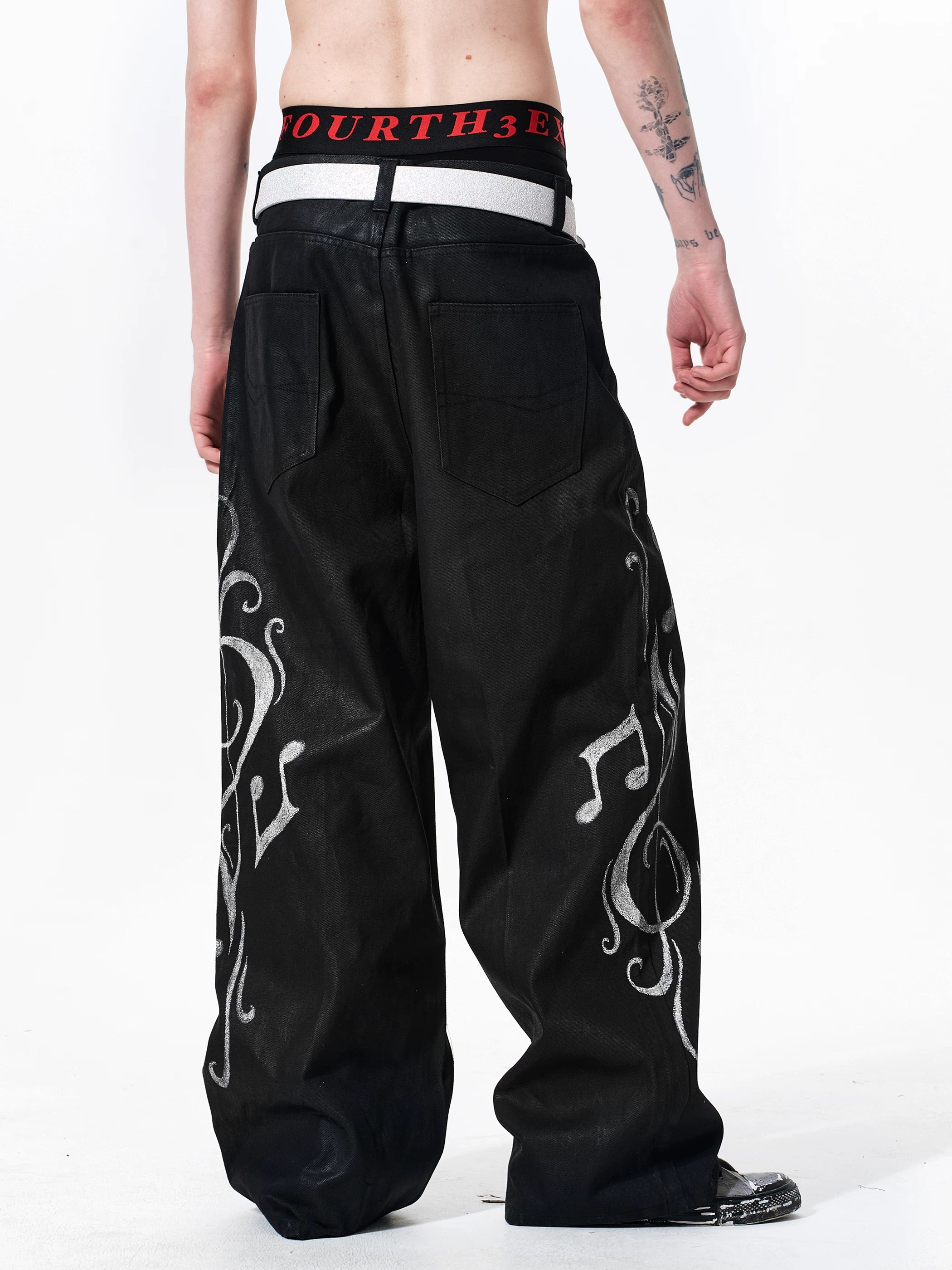 Waxed Note Print Straight Jeans