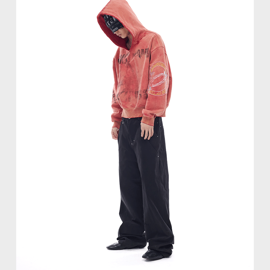 Tri-color Washed Distressed Embroidered V-neck Hoodie