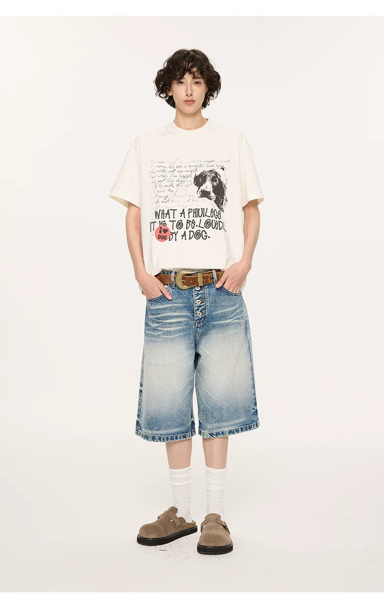 Whisker Wash Button Denim Shorts