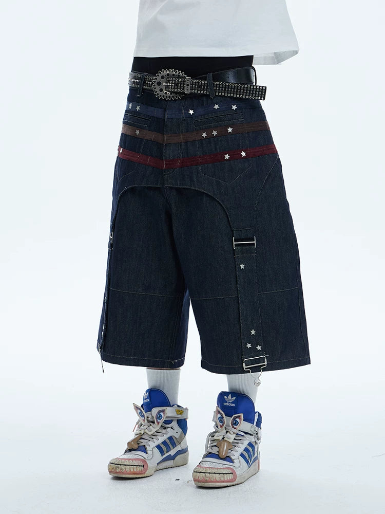 Star Suede Patchwork Cropped Denim Shorts