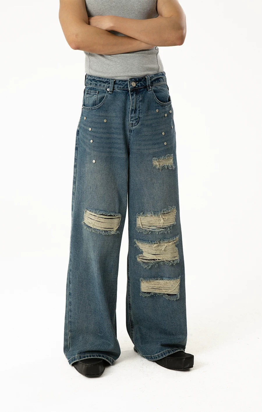 Men's Blue Distressed Riveted Straight Jeans