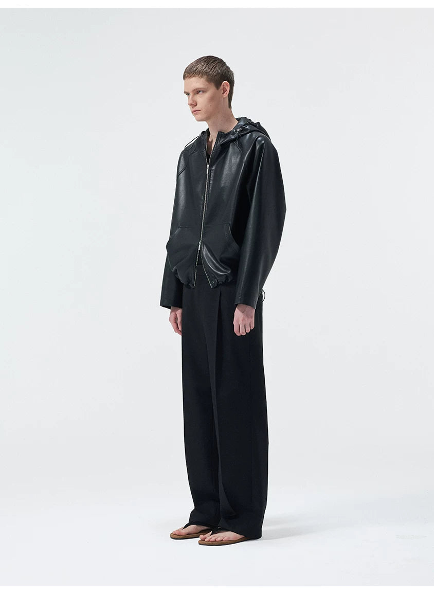 Cropped Lambskin PU Hooded Kangaroo Jacket