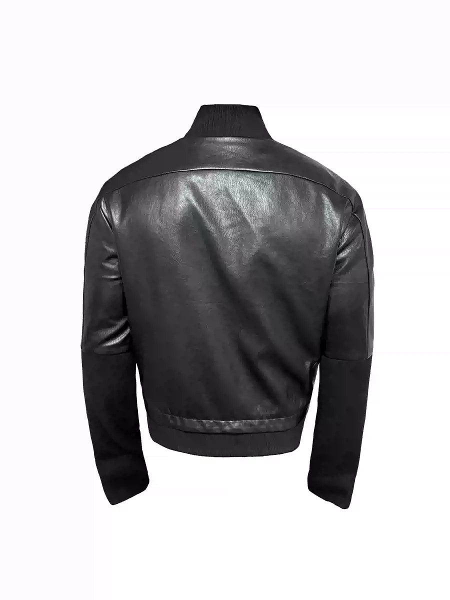 Black Ribbed Cuff Faux Leather Jacket