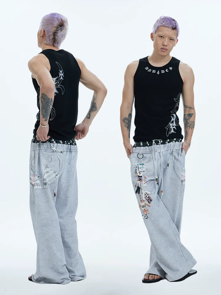 Flared Digital Print Double Waistband Sweatpants
