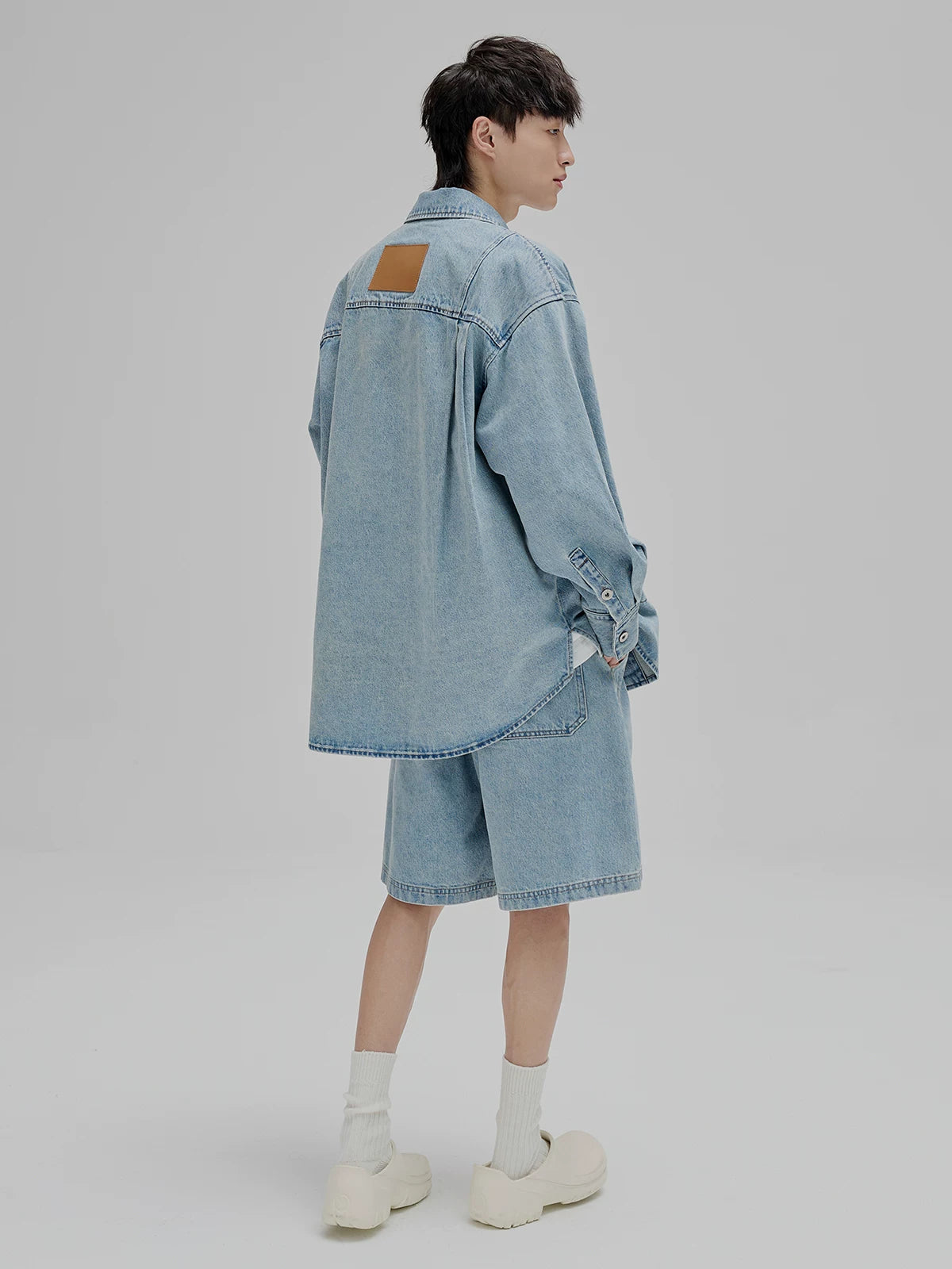 14Oz Washed Denim Asymmetric-Pocket Shirt Jacket