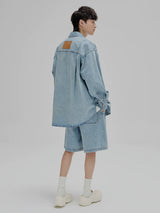14Oz Washed Denim Asymmetric-Pocket Shirt Jacket
