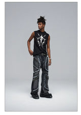 Stretchy Black Printed Ribbed Tank Top