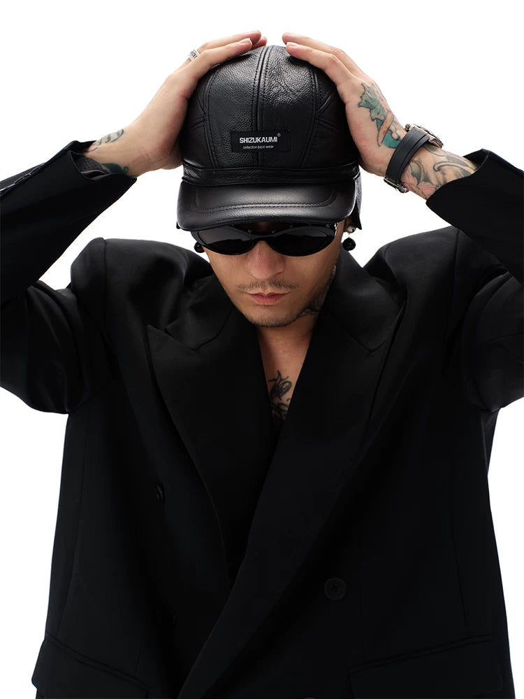 Warm Black Leather Earflap Baseball Cap