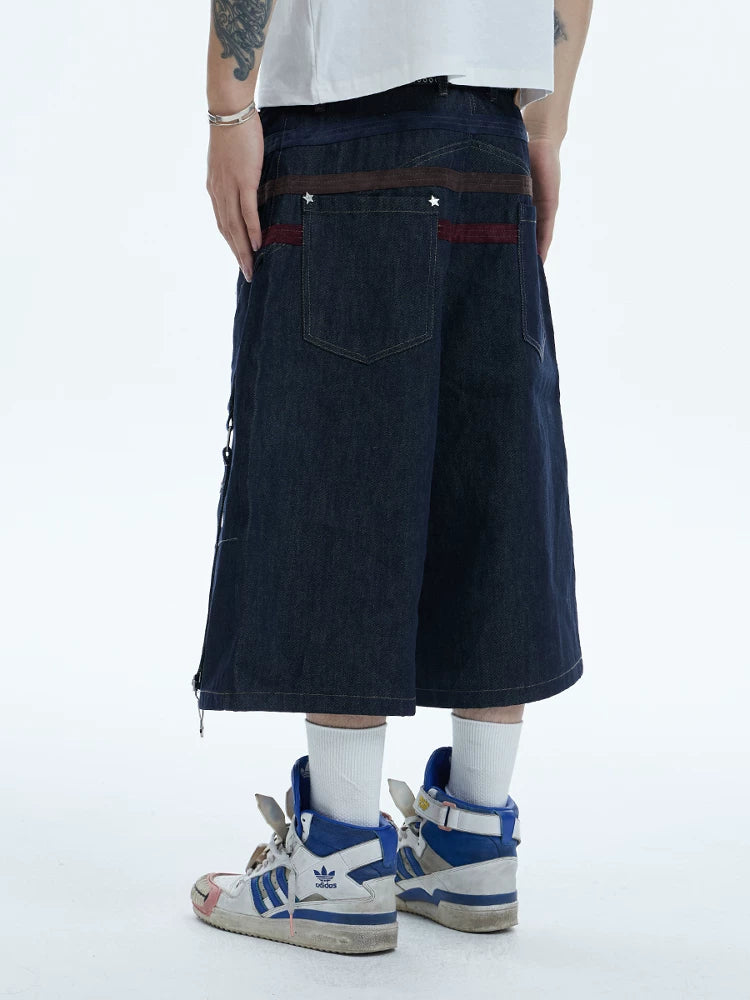 Star Suede Patchwork Cropped Denim Shorts