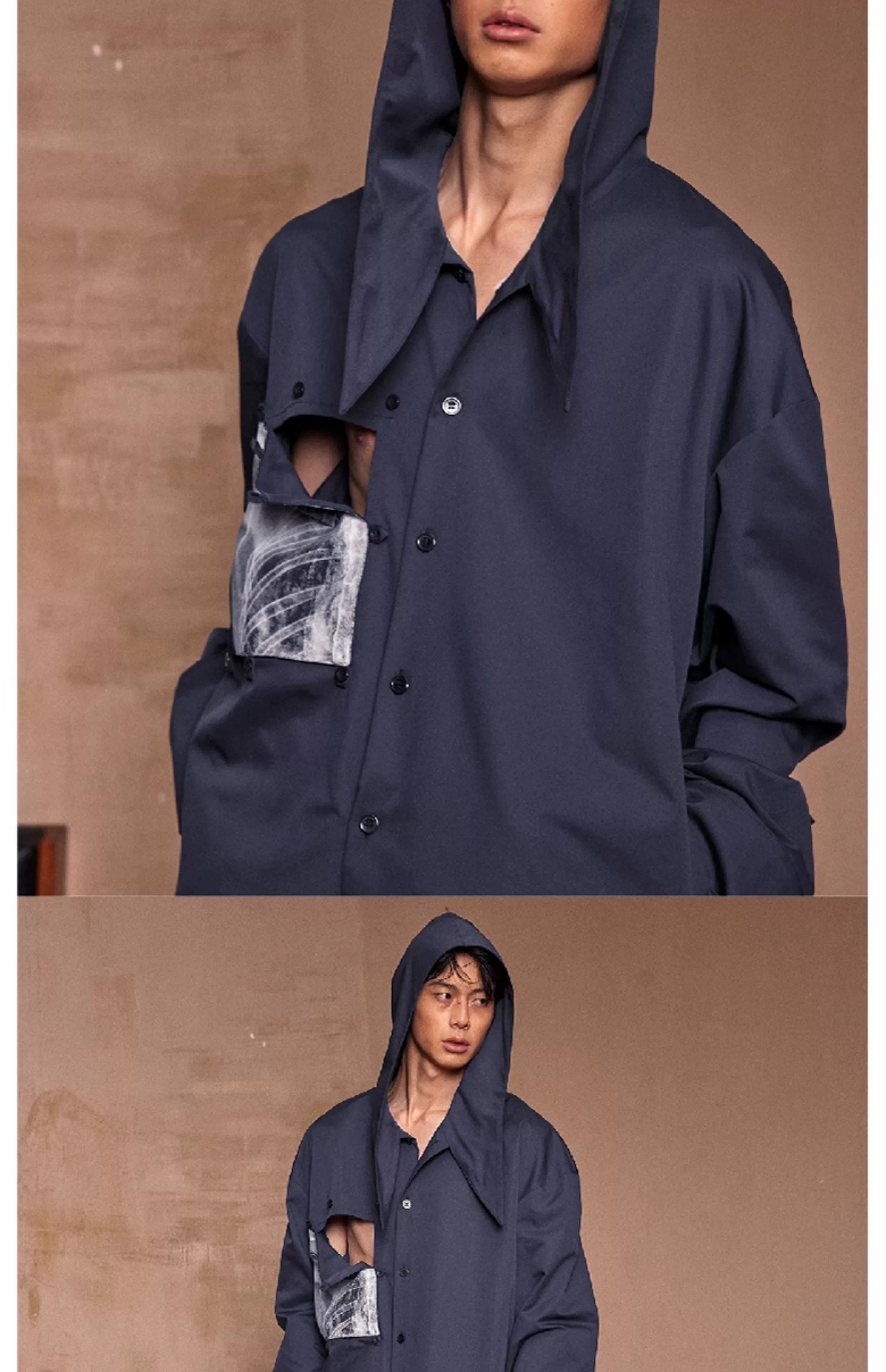 Loose Cutout Detachable Hooded Printed Shirt