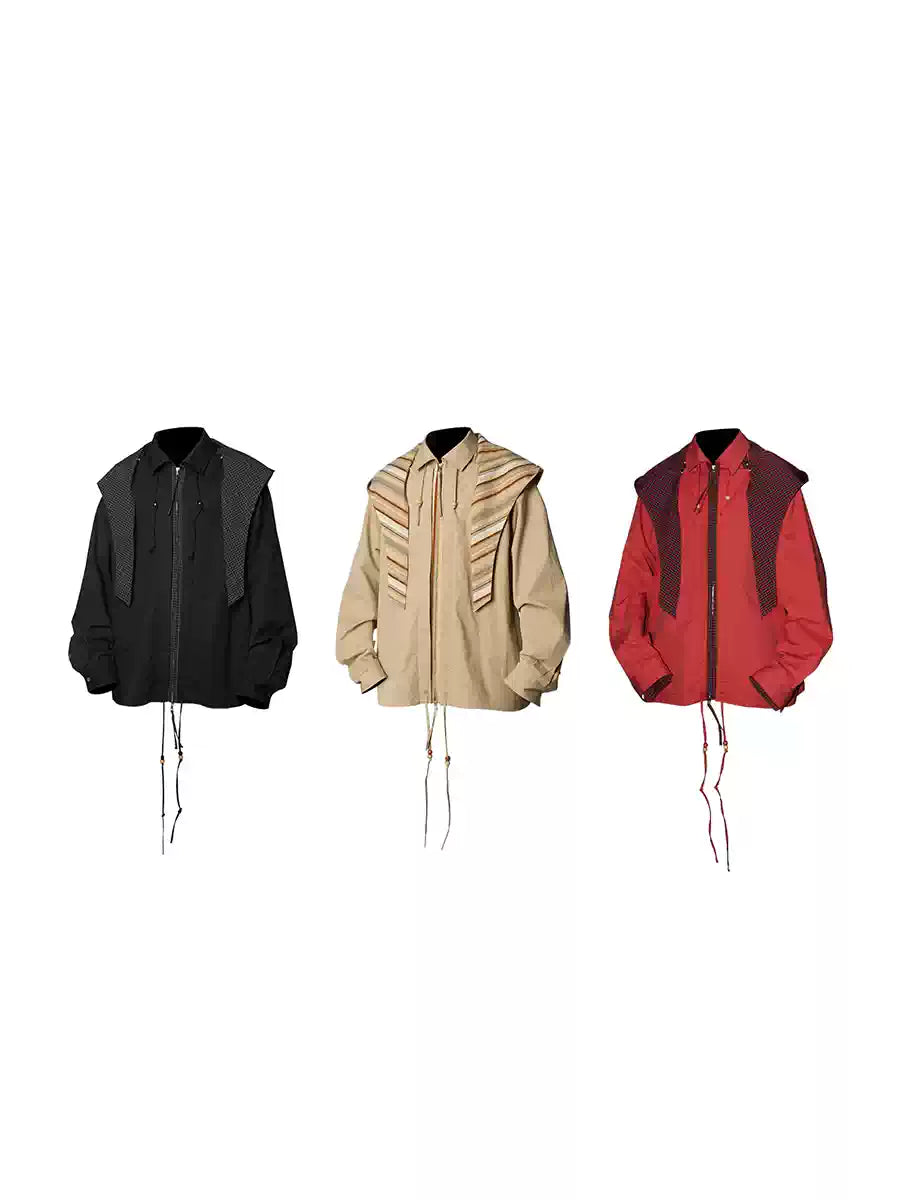 Water-Washed Beaded Pleated Detachable Hooded Shirt