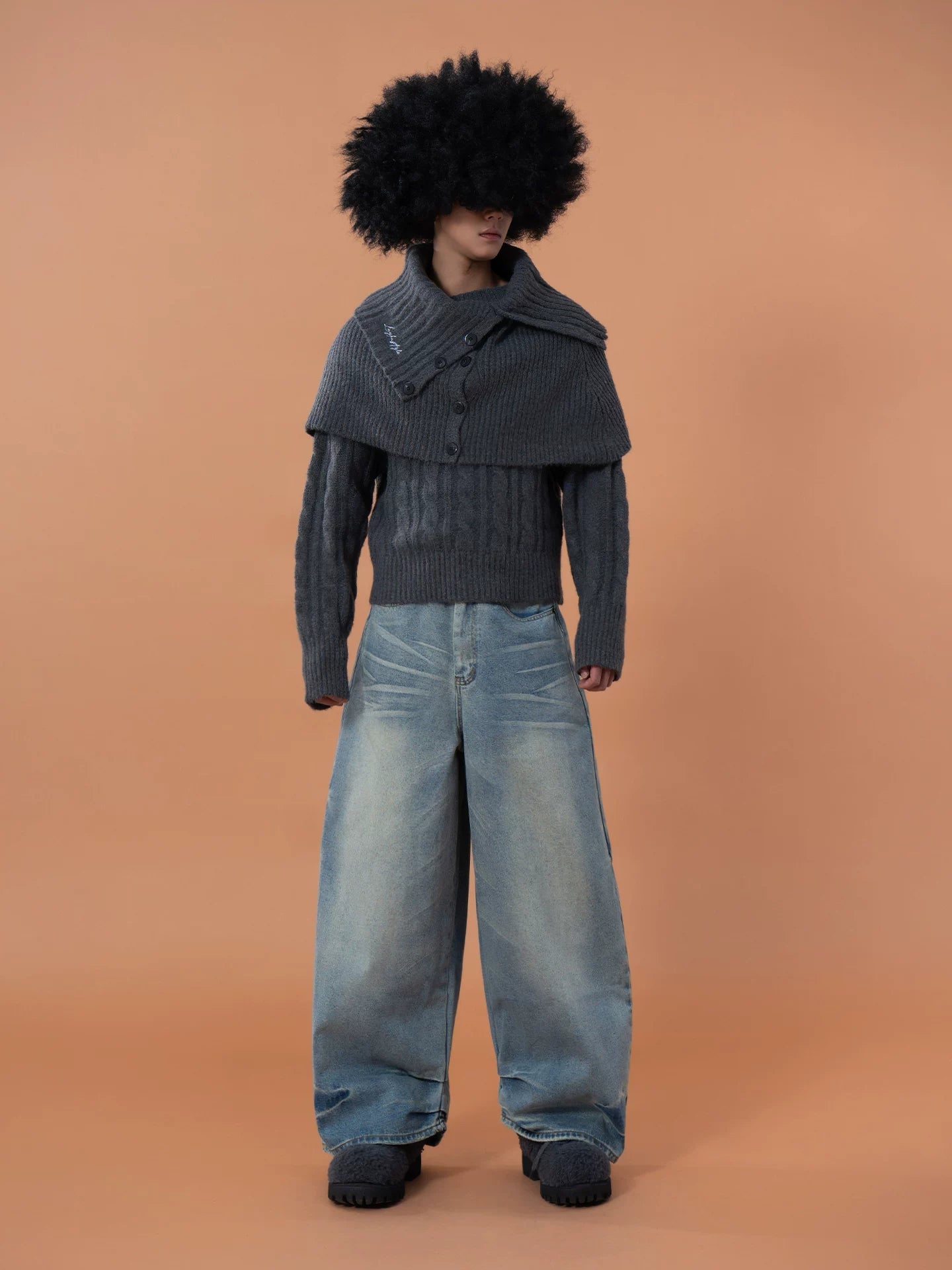 Unisex Detachable Grey Knit Cardigan Scarf