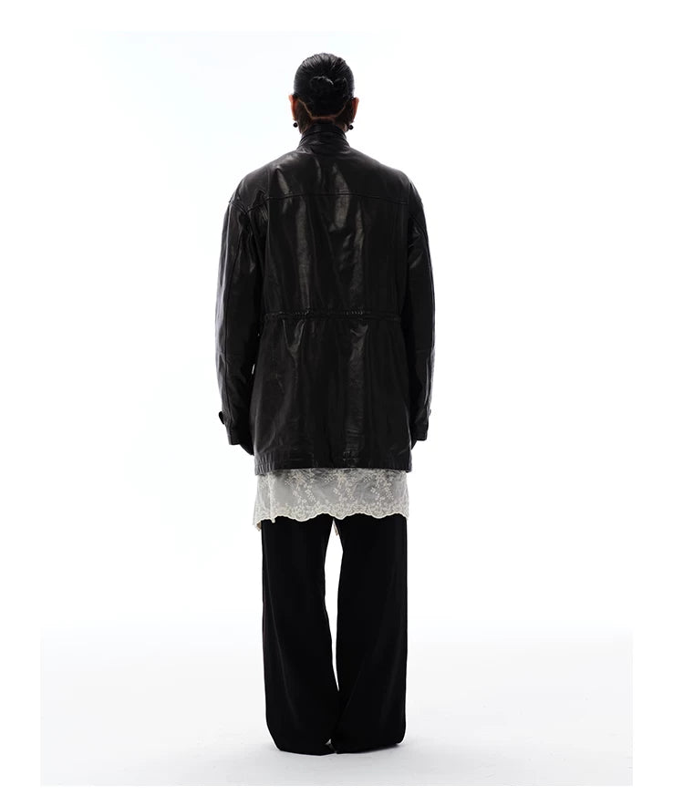 Men's Waist-cinched Mid-length Goatskin Jacket