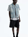 Heavy Distressed Denim Square-Collar Crop-Zip Vest