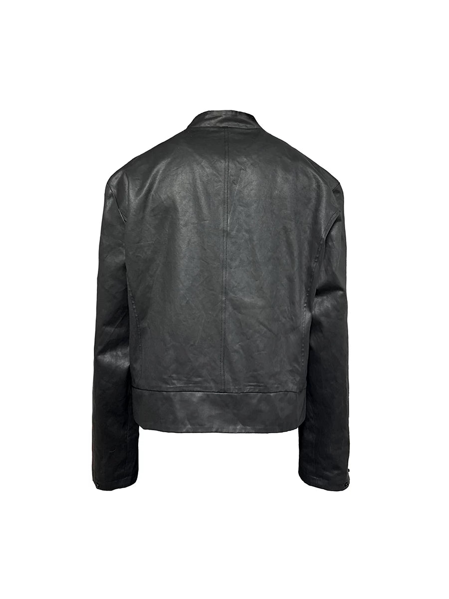 Leather Jacket With Irregular Snap Collar