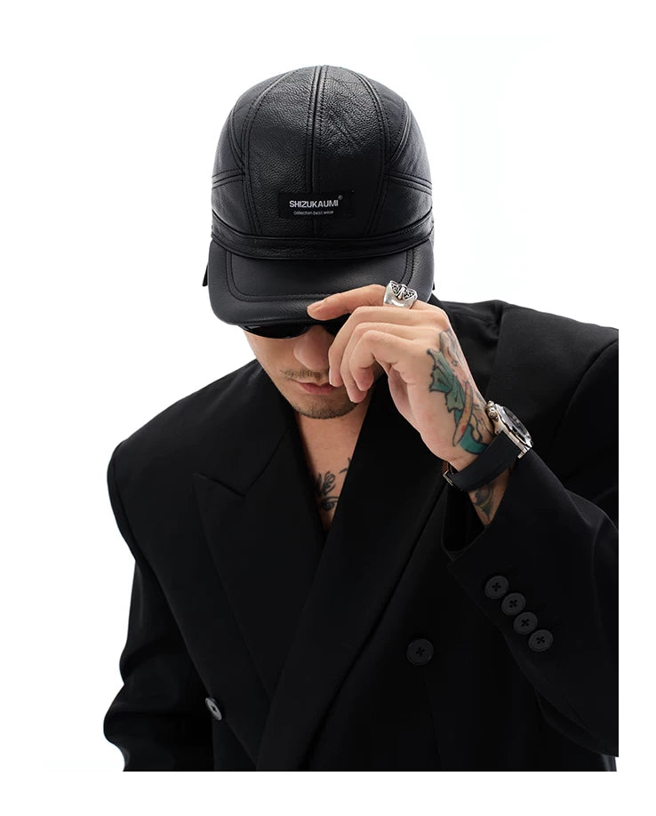 Warm Black Leather Earflap Baseball Cap