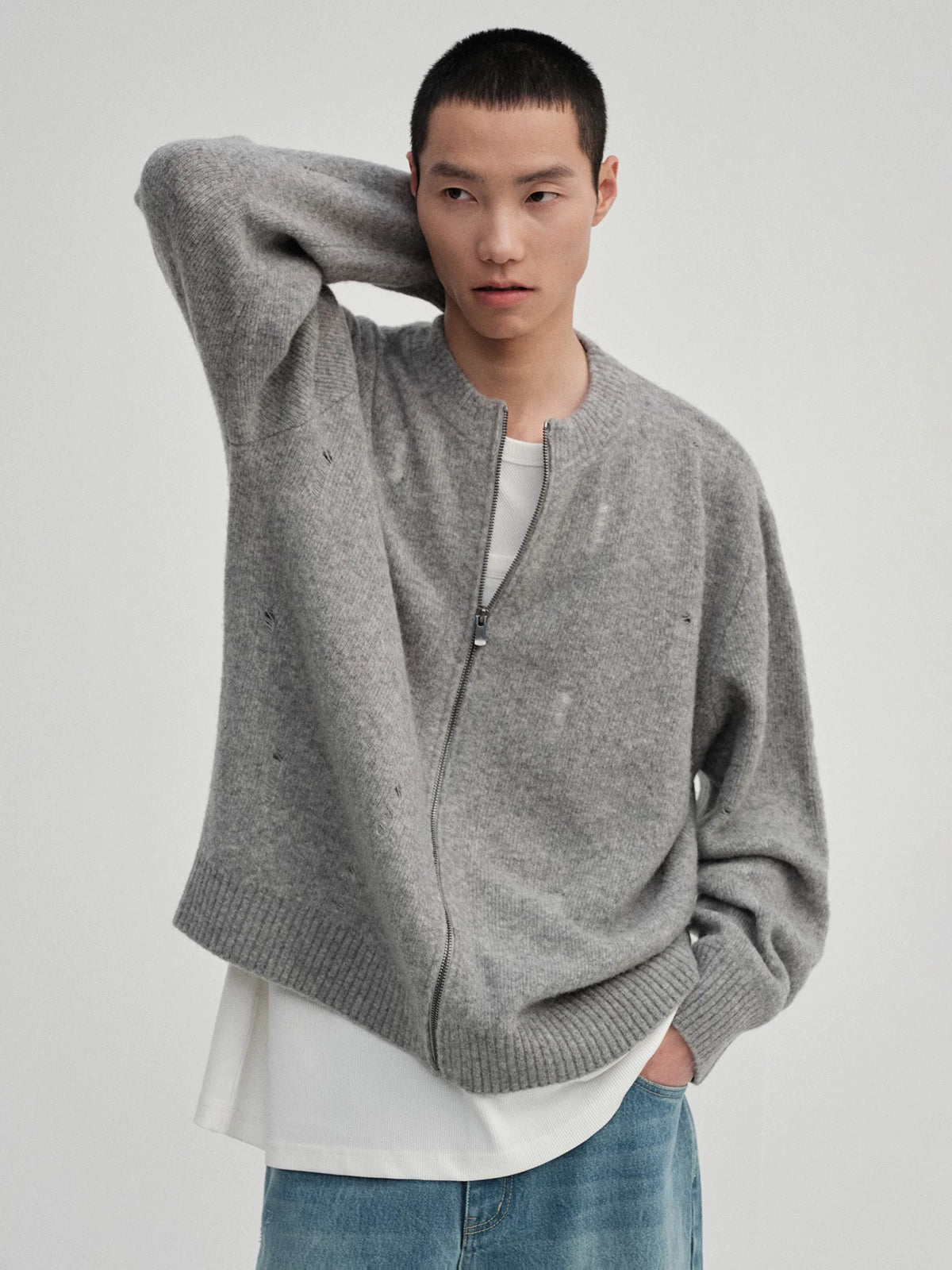 Yak Wool Blend Distressed Knit Cardigan