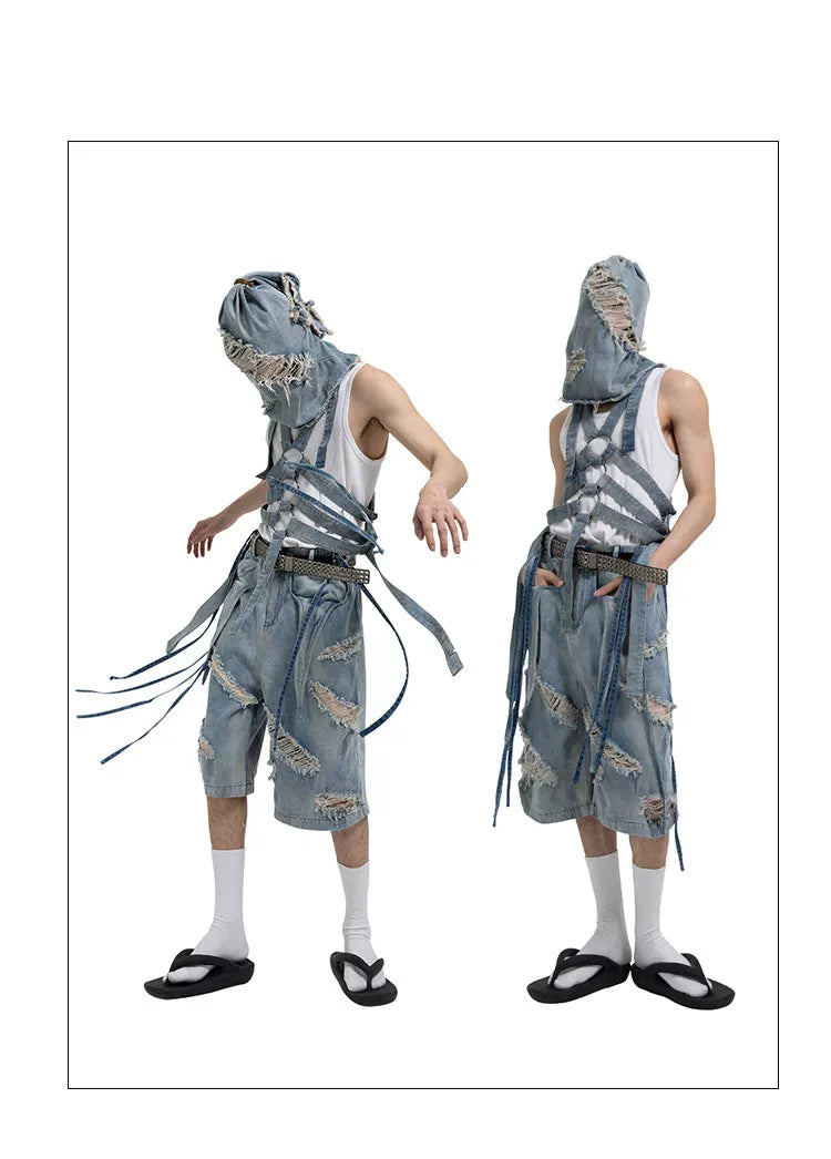 Washed Ripped Denim Shorts with Straps